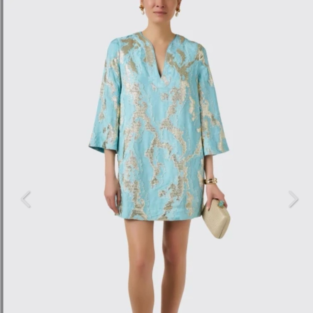 Mestiza Ines Turquoise and Gold Jacquard Dress